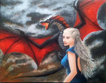 

Modern handmade painting girl and dragon on oil canvas for living room decor and wallpaper