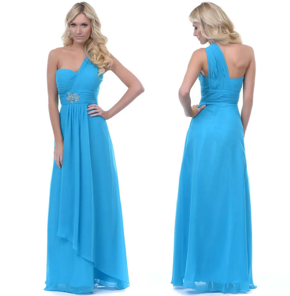 Chiffon Blush 2014 Bridesmaid Dresses Turquoise Chiffon One Shoulder
