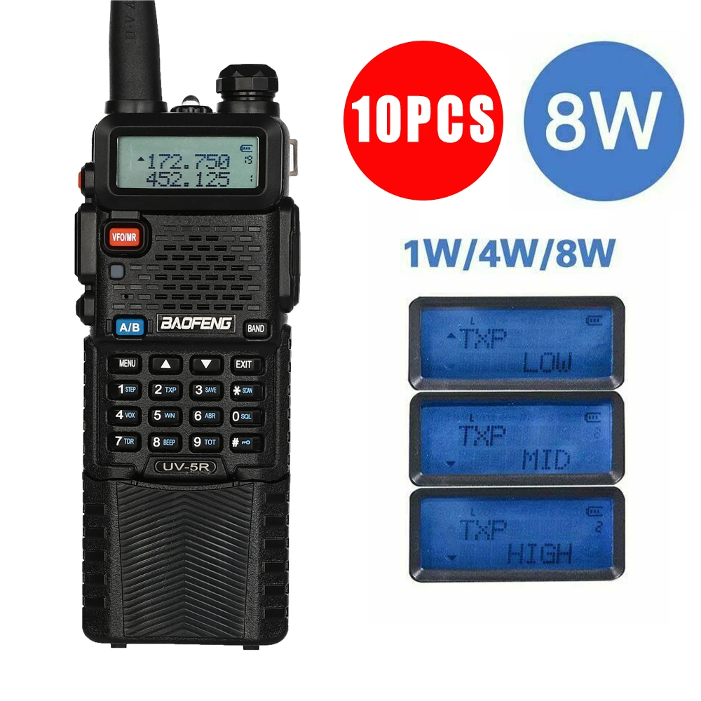 

10Pcs Baofeng UV-5R Power 8W Triple 8/4/1 Watts High Power 10km Rang Two Way Radio VHF UHF Dual Band UV5R Portable Walkie Talkie