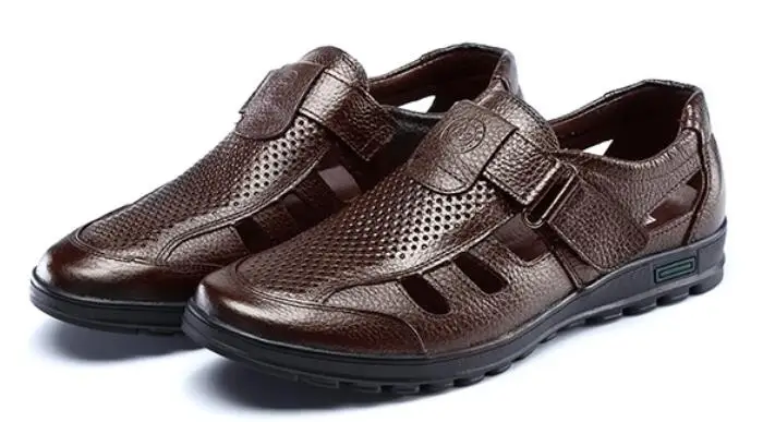 

Men's Breathable soft leather sandals hollow out shoes for men male casual antiskid rubber shoes Beach shoes plus size 38-44