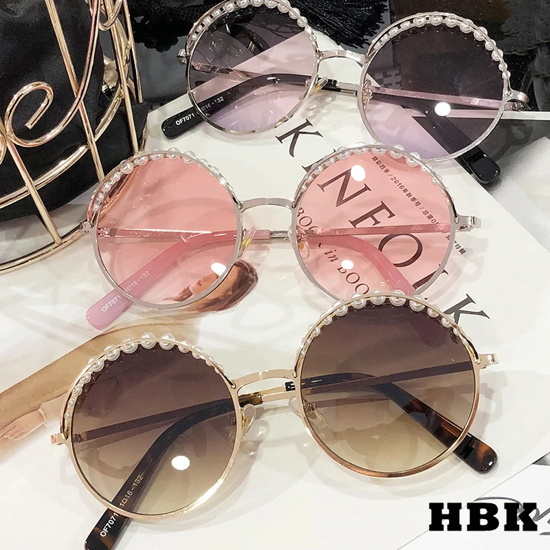 Женские жемчужные солнцезащитные очки HBK круглые металлические в металлической