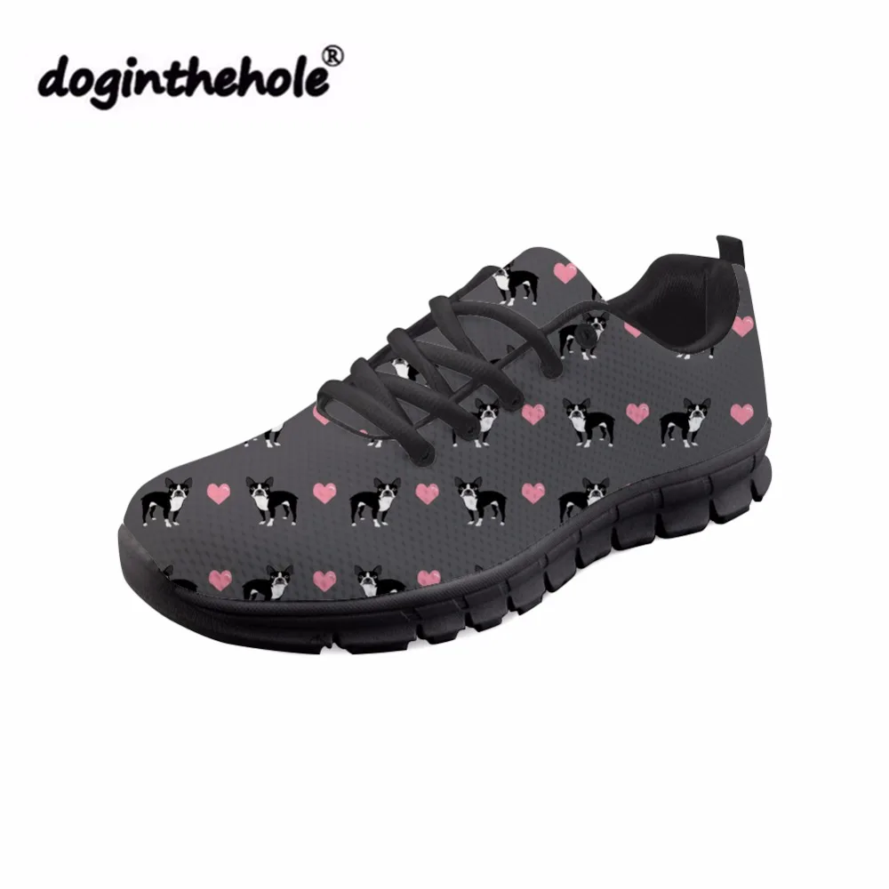 

doginthehole Boston Terrier Printing Flat Shoes Women Fashion Sneakers for Teenager Breathable Mesh Shoes Girls Round Toe Shoes