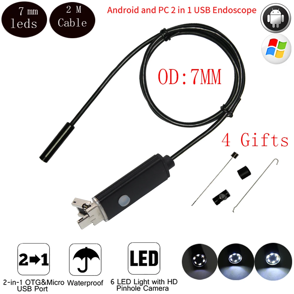 7mm Mini Micro USB Android Phone OTG Endoscope Camera 2M Cable IP67 Waterproof Snake Tube Pipe Inspection 480p HD IP Camera
