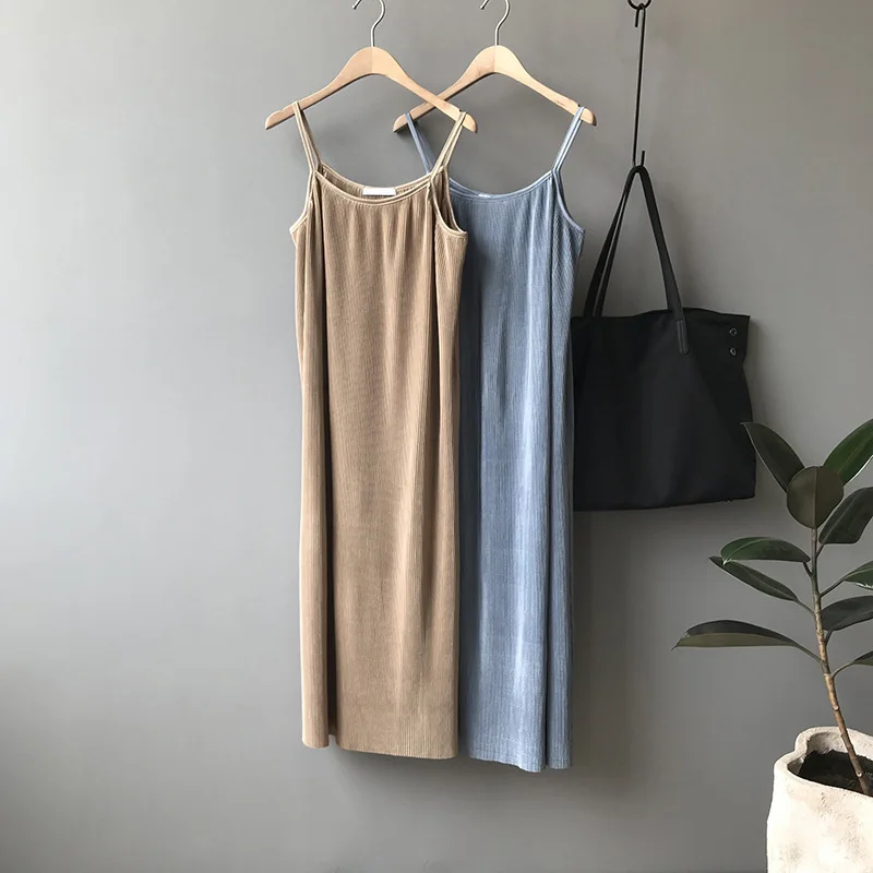 

Mooirue Winter Female Mooirue Spring 2019 Femme Dress Korean Style Camisole Fold Stripe Pleated Slim Female Home Dress