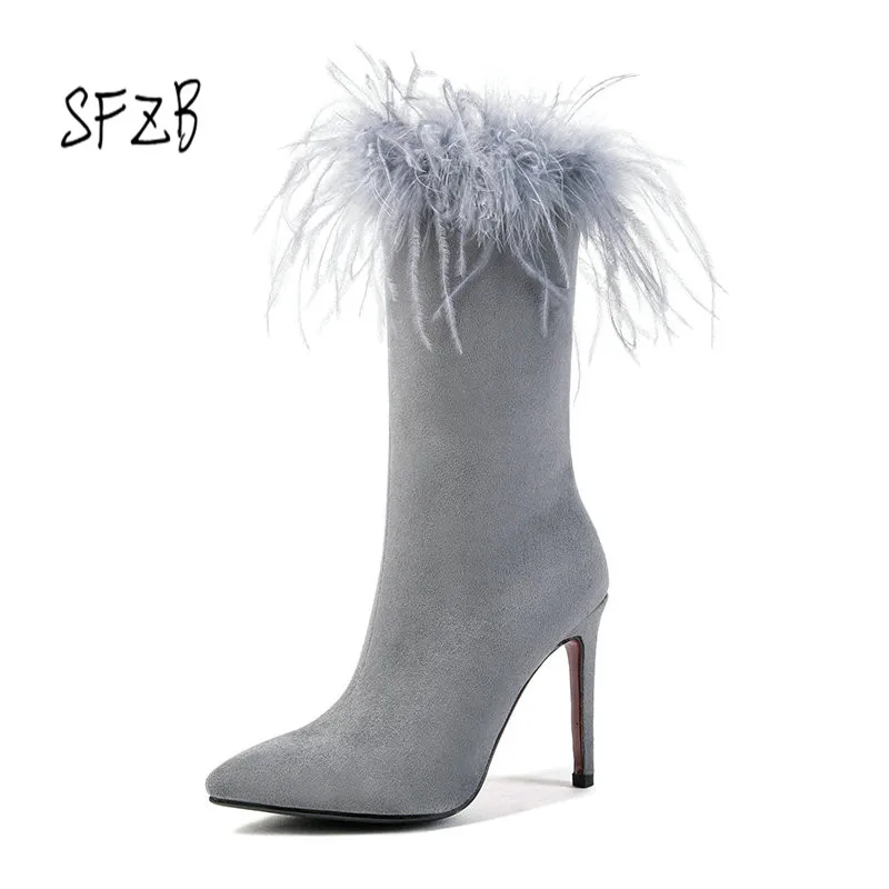 

SFZB new arrival mid calf boots women pointed toe autumn winter boots sexy stiletto heels shoes woman black