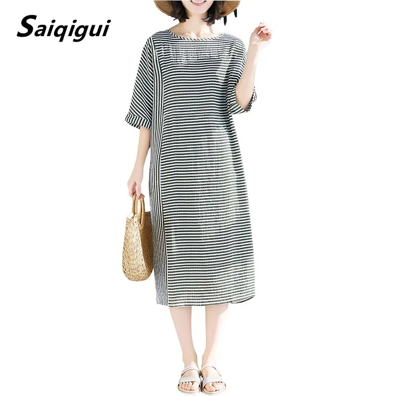 

Saiqigui 2019 Spring summer dress casual loose large size women dress vintage Striped cotton linen dress vestidos robe femme