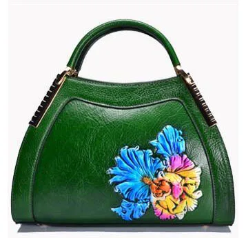 Новые женские сумки из натуральной кожи тисненые модные ручные сумки в стиле арт роскошные женские сумки дизайнерские женские кожаные сумки - Цвет: Green flowers