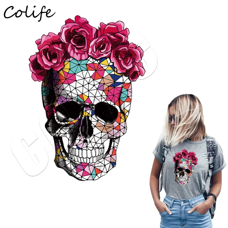 Skull Flower Iron On Patches For Clothing Summer Fabric Badge Stickers Clothes 