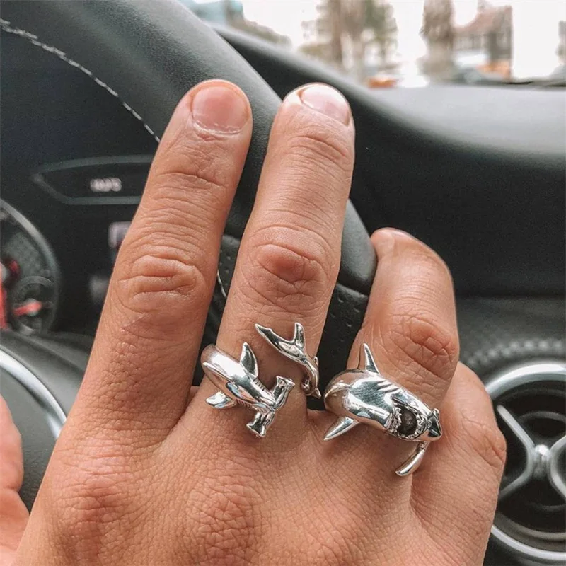 

2 Pcs/ Set Punk Unique Silver Animal Shark Opening Adjustable Ring Set Personality Party Charm Jewelry Christmas Gifts