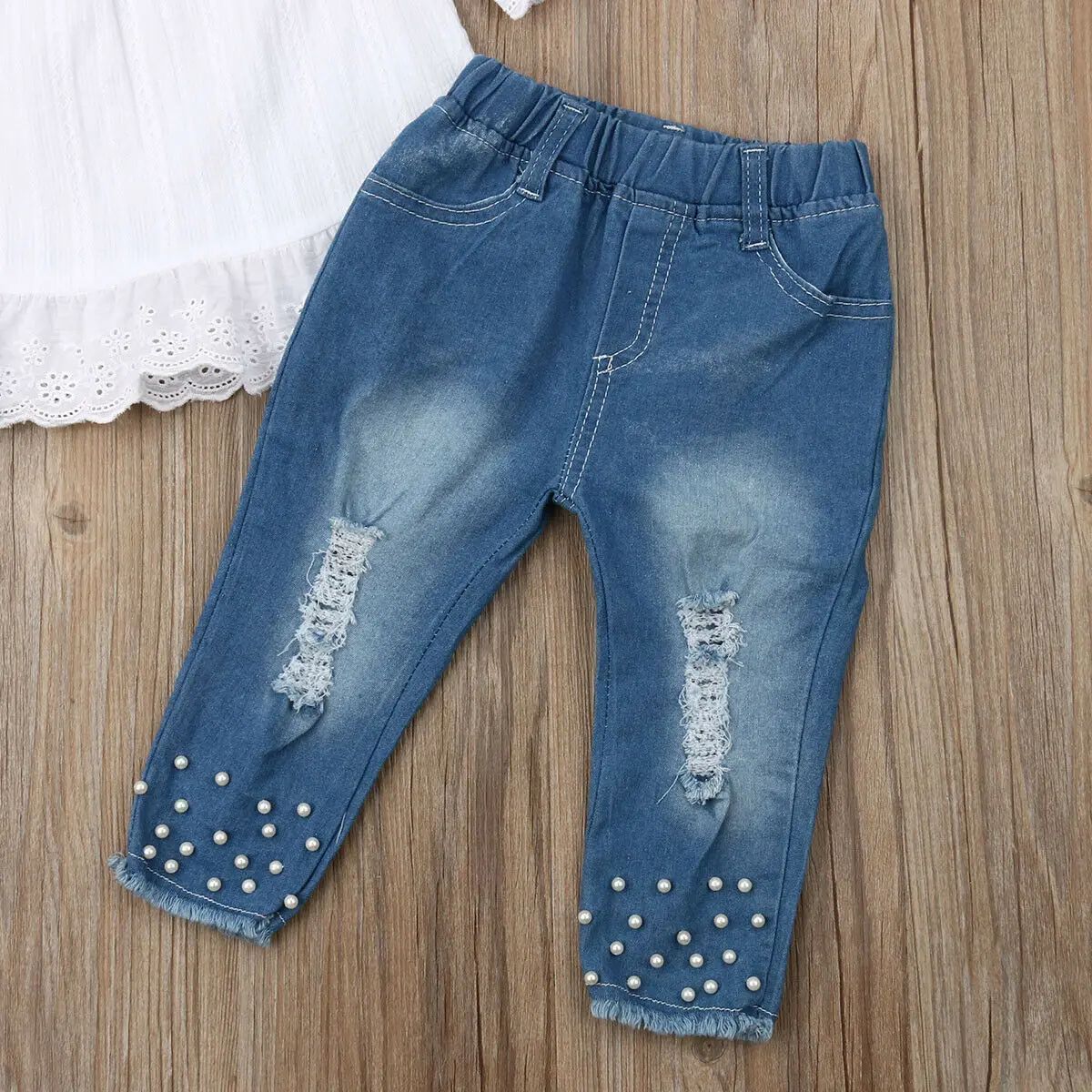 Летняя белая футболка с открытыми плечами для маленьких девочек топы, Peal джинсовые штаны, джинсы-карандаш комплект одежды из 2 предметов для девочек