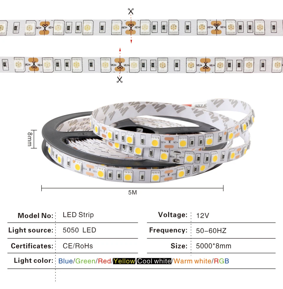 Светодиодная лента 5050 DC12V 60 светодиодный s/m 5 м/лот гибкий светодиодный светильник RGB Холодный/теплый белый красный зеленый синий желтый светильник SMD 5050 Светодиодная лента