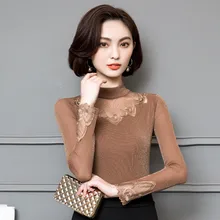 Плюс Размеры осень-зима сетки дна рубашки Для женщин Высокий воротник кружевной топ тонкий плюс бархат короткие марлевые Топы X140