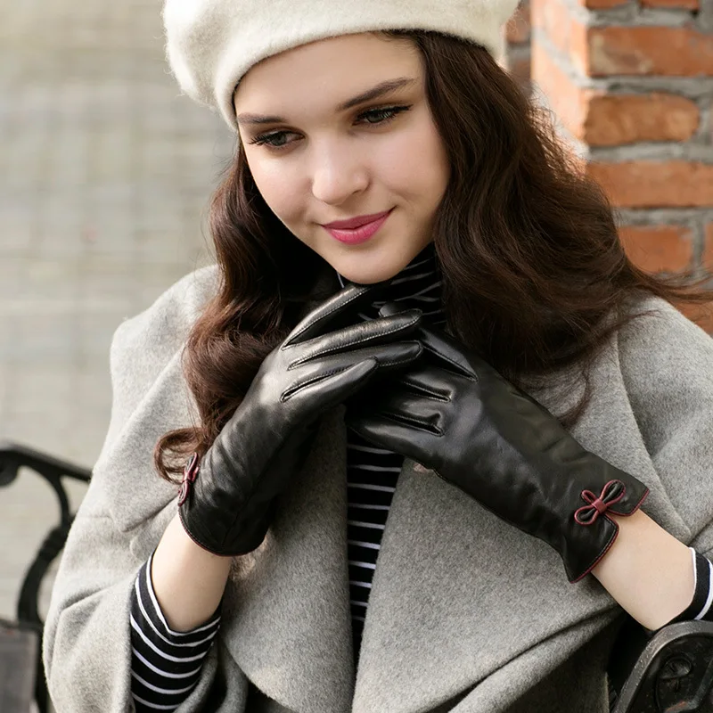 Genuine Leather Women Gloves Autumn Winter Plush Lined Keep Warm Bow Buckle High Quality Goatskin Female Mittens ZX52