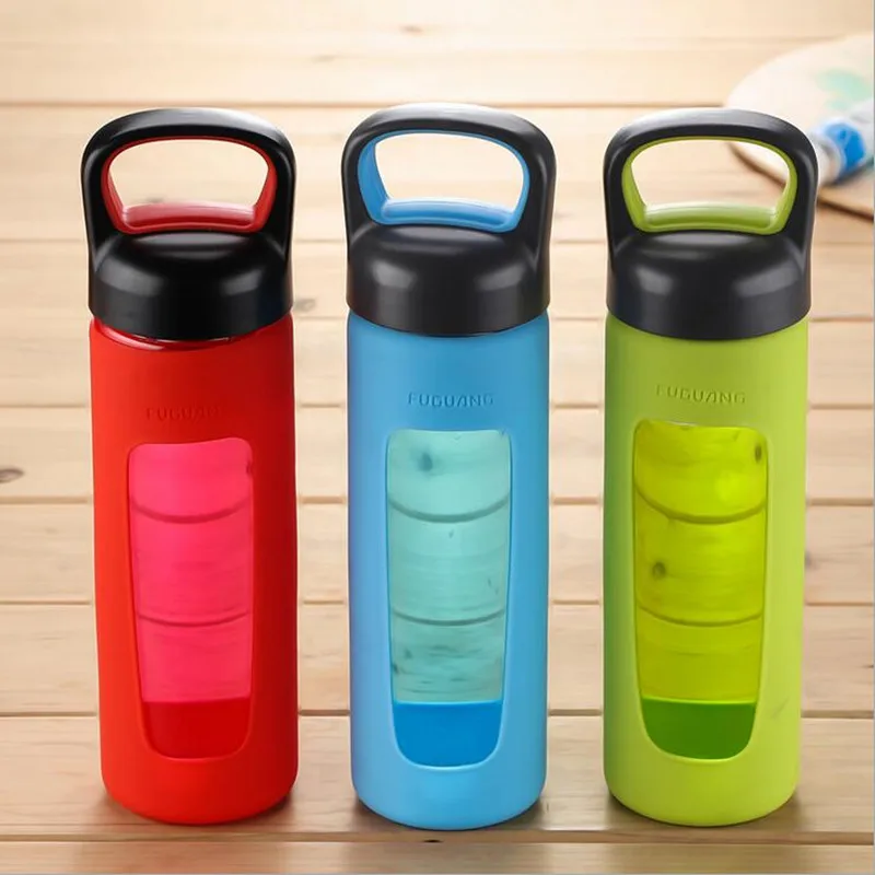 Glass Water Bottle with Silicone Case 520ml Travel Drinkware Portable double wall Bottle for Water Tea Glass Sport Tumbler