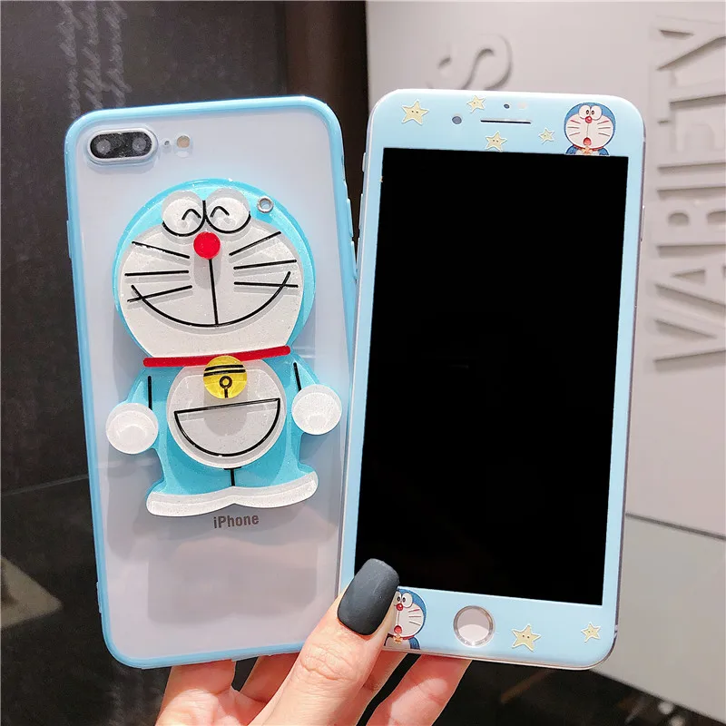

Doraemon case for iphone XS max /7/ 8plus /6 6splus & tempered glass for iphone 7 plus back mirror case +screen protector