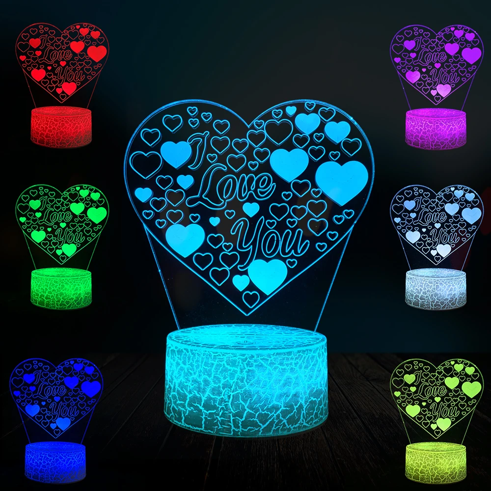 Romantic Love Heart Led 3D Lamp LED USB Table Mood Night Light Multicolor Luminaria Change Valentine