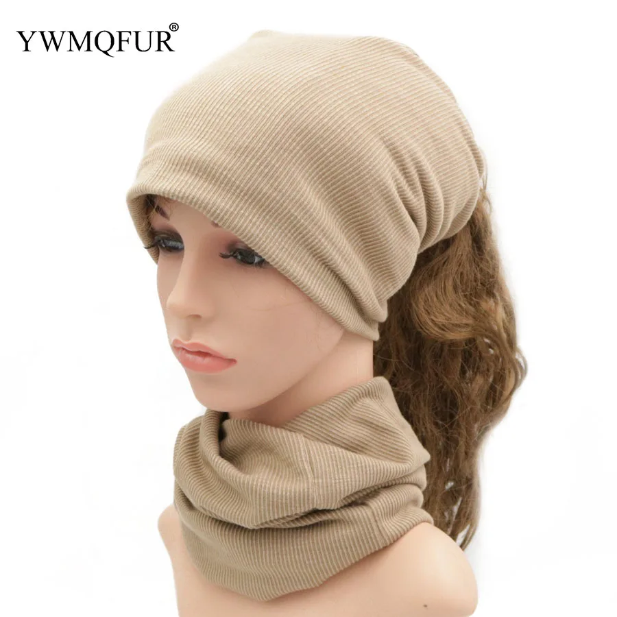 

YWMQFUR Spring & Autumn Knitted Hats Dual Use Neck Scarf For Women Handmade Cotton Solid Pattern Fashion Female Caps & Scaves