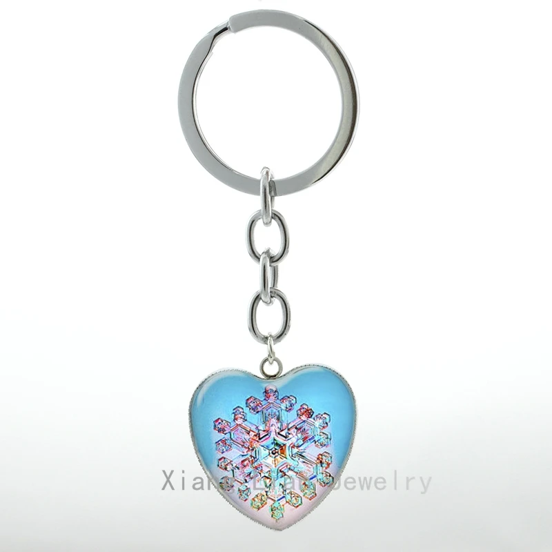 

Winter Charm colorful ice crystal Snowflake picture heart pendant key chain ring vintage Snow flake Christmas gift keychain H98
