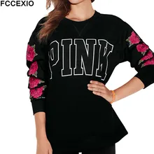 FCCEXIO 2019 Women Pink Love T Shirt Autumn Casual T-Shirt Tops Flower Leaves Letter Print Round Neck Rose Long Sleeve T-Shirt flower cluster print slub t shirt