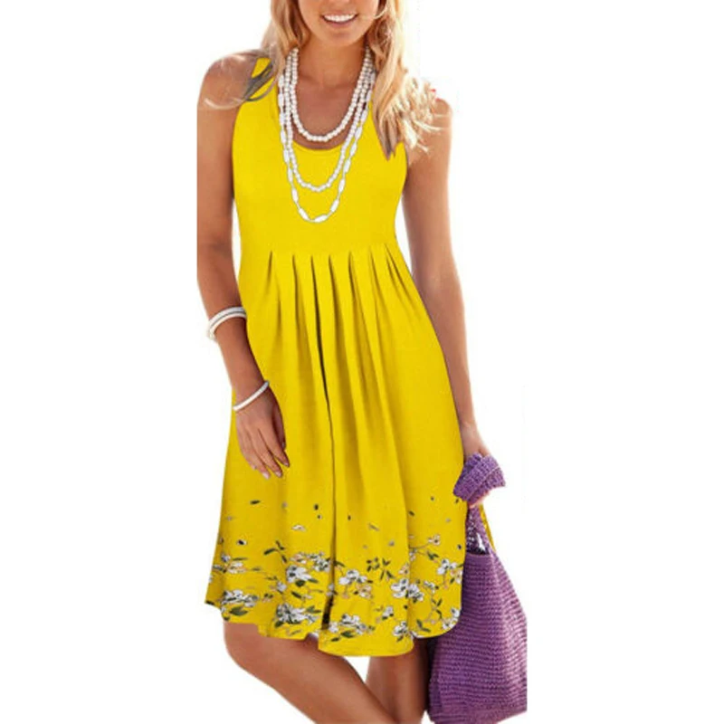 

Hot Sale 2019 Women Summer Boho Dress Evening Sleeveless Party Beach Dresses Loose Floral Printed Fashion dress New S-2XL