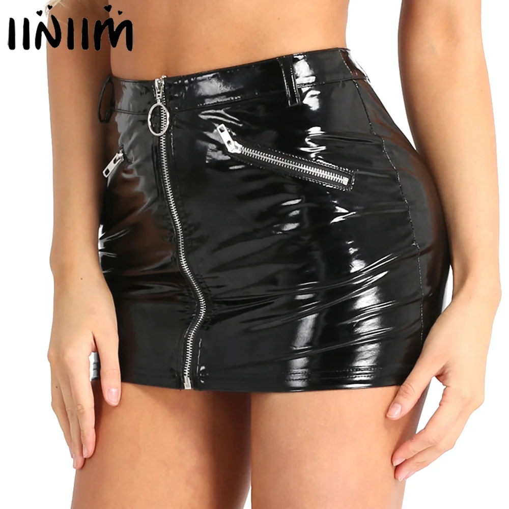 jean skirt Womens Wet Look Leather Miniskirts High Waist Flared Pleated Latex A-Line Circle Skirt Rave Dance Bottoms Sexy Clubwear Skirts skorts for women