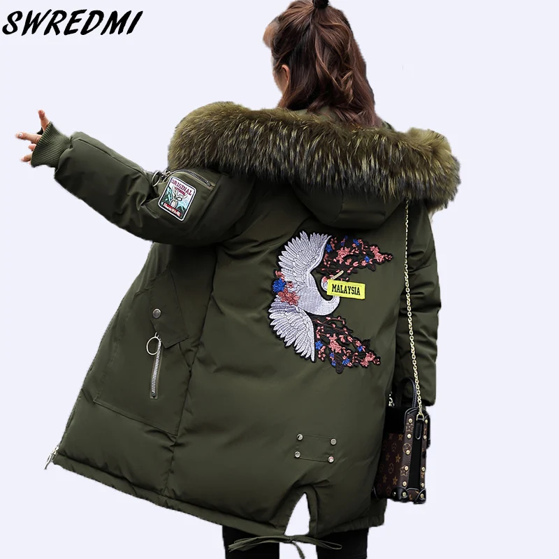 

SWREDMI Women Thick Warm Winter Coat Medium Long Cotton Jackets Hooded Embroidery Loose Parkas Army Green Female Clothing
