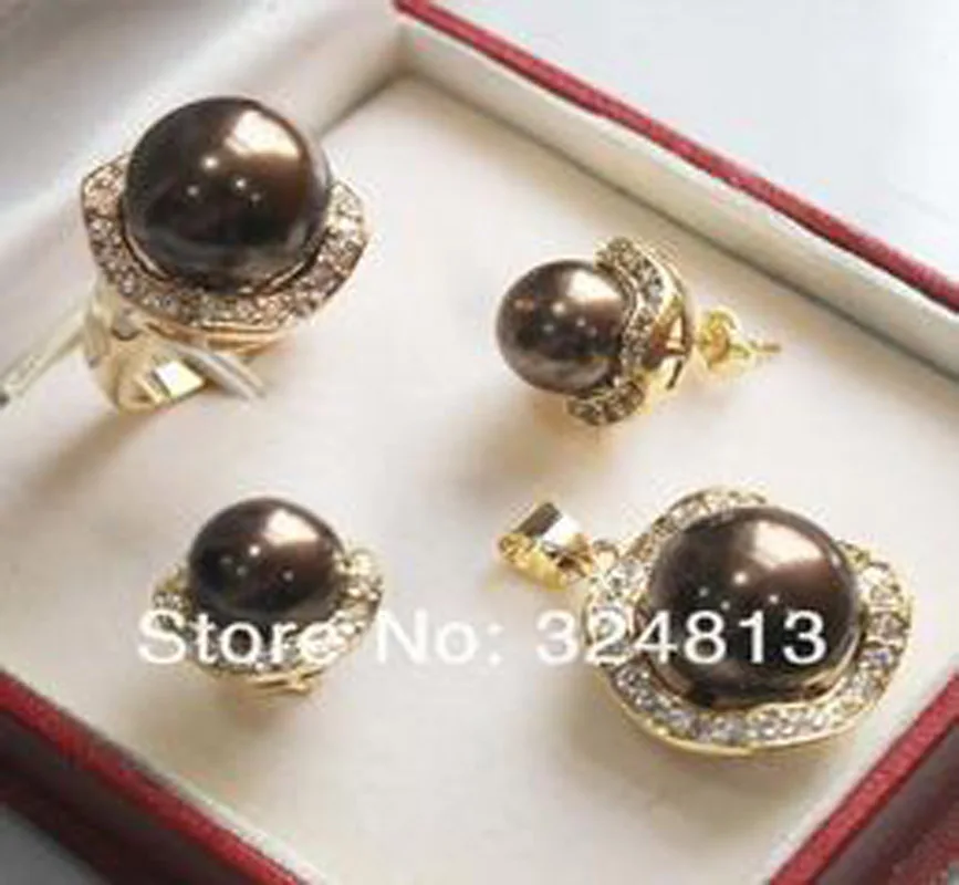  Belle coquille de chocolat perle or jaune bijoux pendentif boucles d'oreilles ensembles de bagues