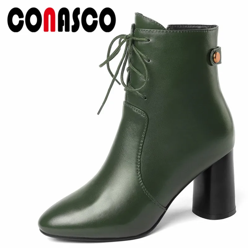 

CONASCO 1Fashion Women Ankle Boots Autumn Winter Warm High Heels Shoes Woman Pointed Toe Cross-tied Genuine Leather Basic Pumps