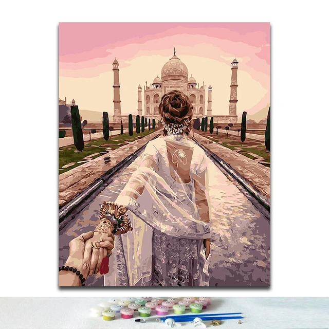 Diy صور ملونة بالأرقام تاج محل قصر من الرخام الأبيض لوحة رسم بإطار Paint By Number Aliexpress