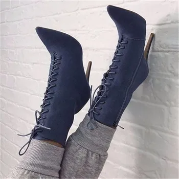 

New Lace Up Gladiator Booties Sexy High Heeled Stiletto Ankle Boots Women Roman Style Pointed Toe Cross-tied Casual Shoes Women