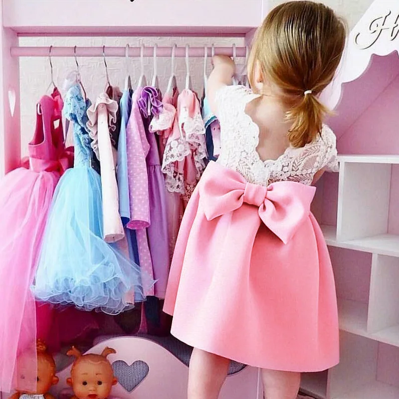 

Back Lace Bow Petal Sleeve Baby Fancy Dresses Toddler Girls Summer Casual Dress Children's Clothing 12 months 2t 3t 4t