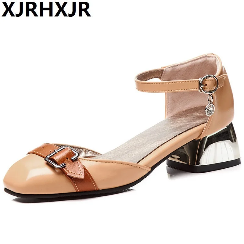 

XJRHXJR 2018 Women Summer Sandals Sexy Med Heels Strap Shoes Square Toe Shoes Gladiator Ladies Dress Shoes Large Size 32-48