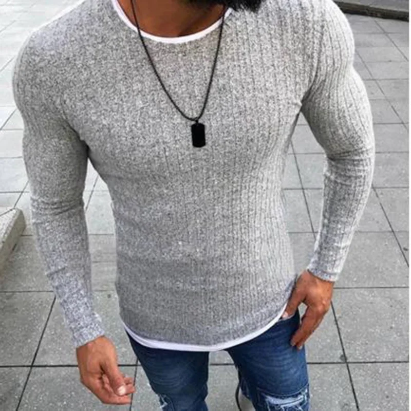 Laamei 2018 мужской осенний сексуальный обтягивающий лонгслив однотонный вязаный пуловер тонкий свитер с круглым вырезом облегающий свитер