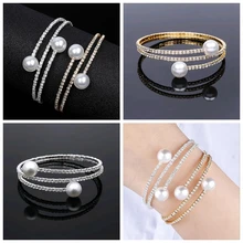 Elegant Pearl Multilayer Crystal Bracelet For Women Shining Boho Adjustable Size Open Cuff Bangles Fashion Jewelry Elegant Pearl Multilayer Crystal Bracelet For Women Shining Boho Adjustable Size Open Cuff Bangles Fashion Jewelry