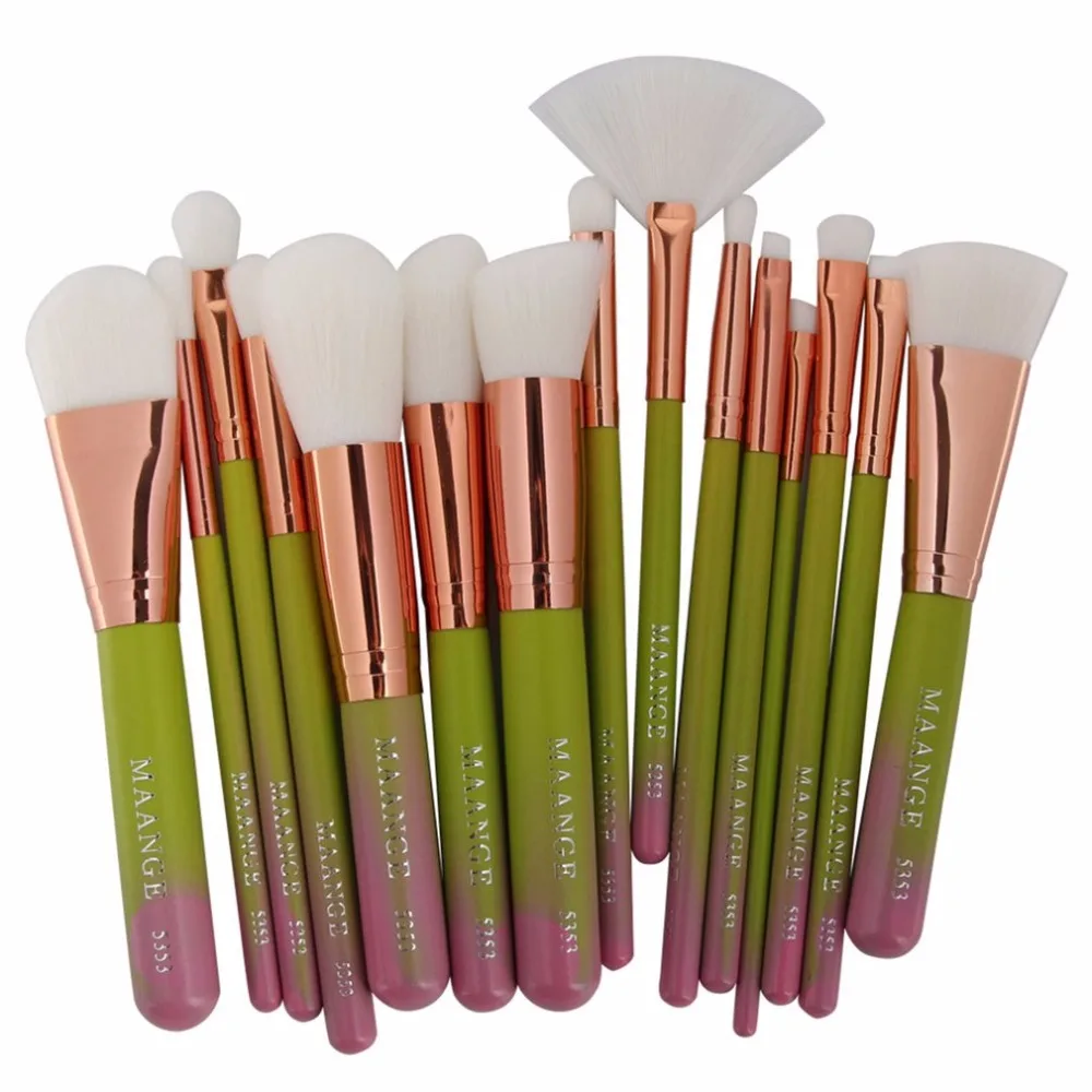 

MAANGE 15pcs/set Professional Makeup Brushes Set Pink Gradient Green Make Up Brush Non-slip wooden handle corrugated nylon wool