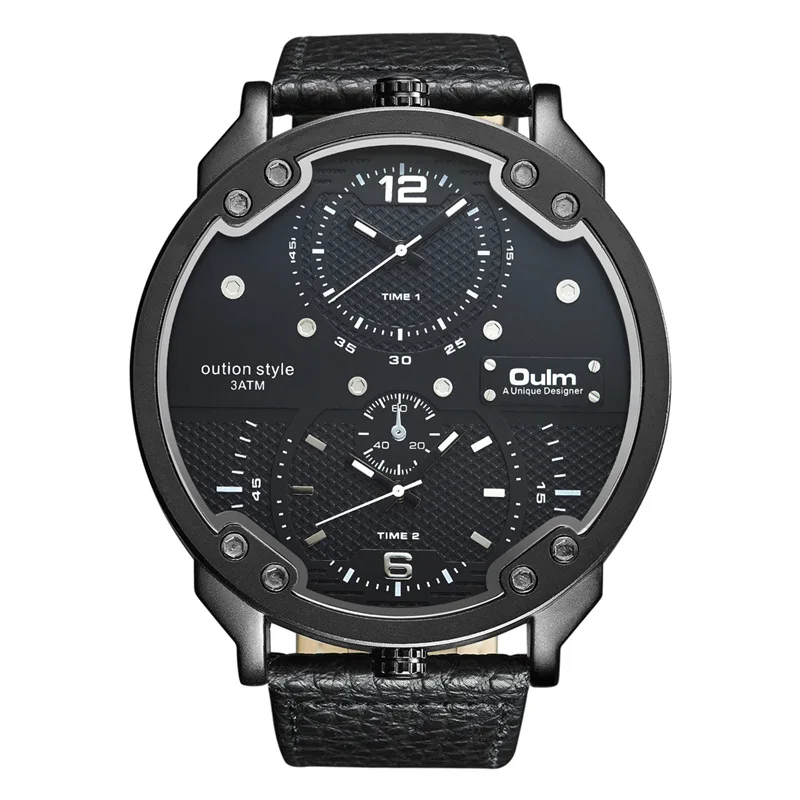  Oulm New Fashion Dual Time Zone Men's Watches Big Size Quartz Clock Male Leather Strap Wristwatch U