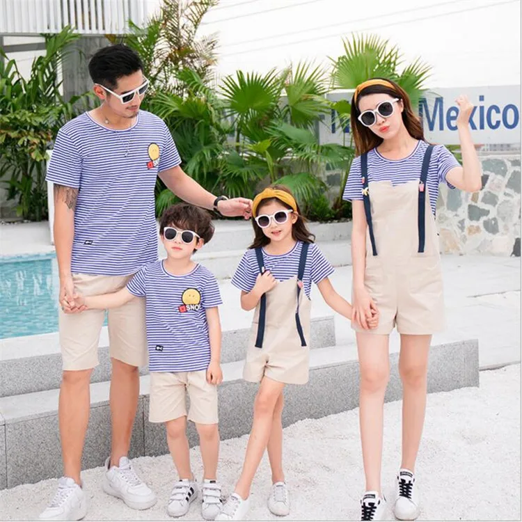 Семейные комплекты летние детские комбинезоны для девочек хлопковый комплект в полоску с короткими рукавами футболка для папы и сына спортивный костюм семейная одежда