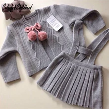 Комплект одежды для малышей в английском стиле, дизайнерский кардиган с меховым помпоном и бантом, Детская плиссированная юбка для девочек, комплект из 2 предметов, одежда для маленьких девочек 1-6 лет