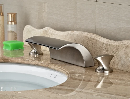 

Modern Deck Mounted Basin Faucet Nickel Brushed Sink Mixer Tap Dual Handles Basin Mixer