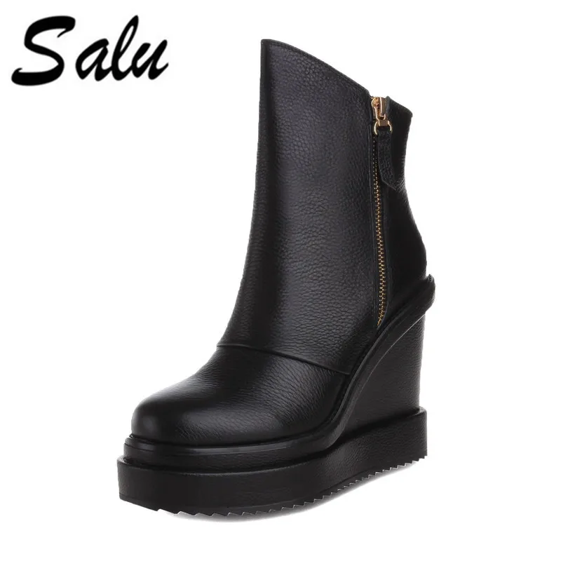 

Salu Booties Women Genuine Leather Ankle Boots Metal Chains Natural wedges Heels Boots Fashion Spring Ladies Shoes