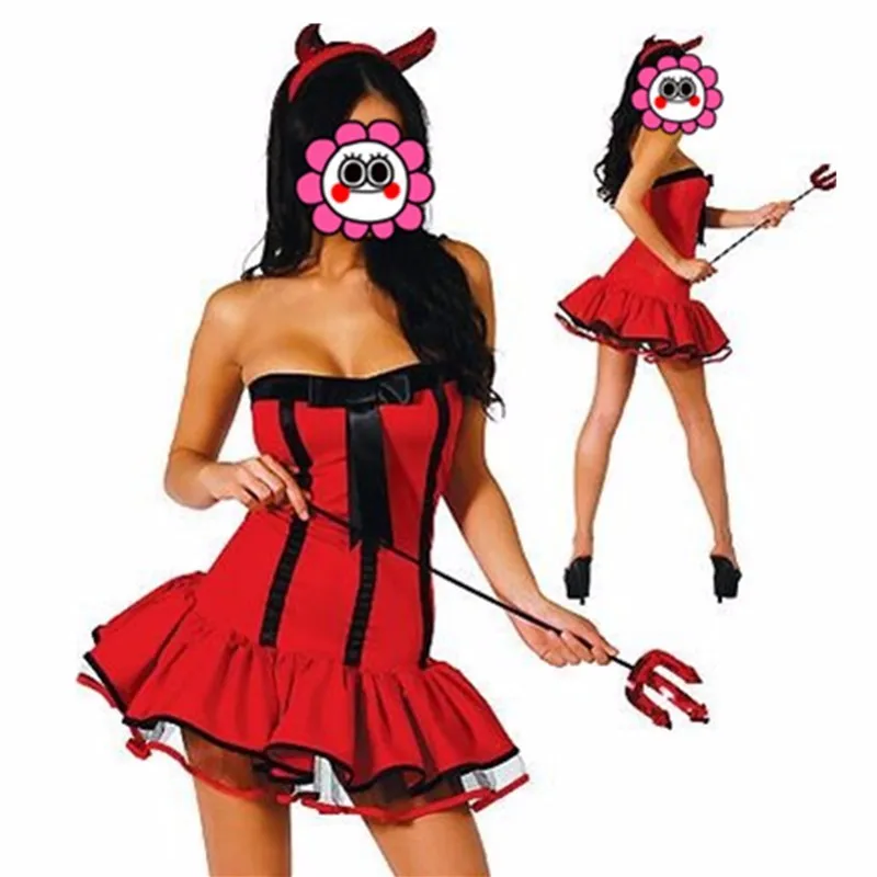 Abbille Red Adult Devilish Costumes Strapless Devil Halloween Costume Women Sexy Carnival 