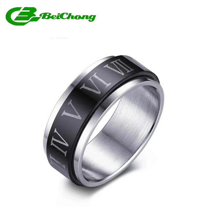 

Beichong Fashion 316L Stainless Steel Speedometer Roman numerals Black Silver Ring for Men Women