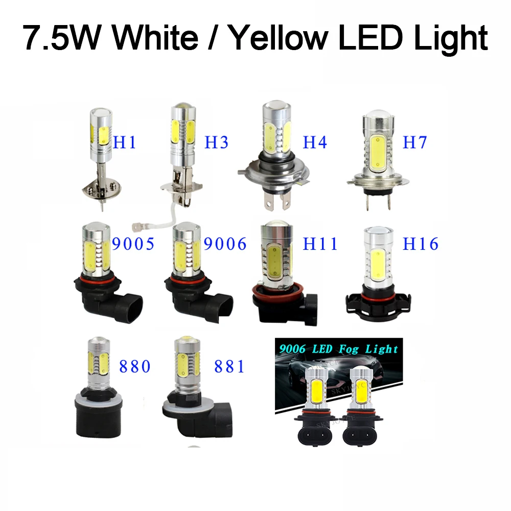 Hcdlt 2 шт. 7,5 Вт высокой мощности Мощность светодиодный противотуманные лампы H1 H3 H4 H7 H11 9005 9006 880 881 H27 белого и желтого цвета 12 V авто дальнего света светодиодный свет