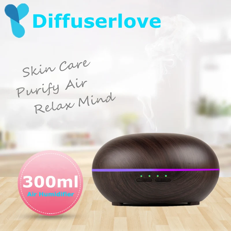 

Diffuserlove 300ml Wood Grain Ultrasonic Air Humidifier Aroma Essential Oil Diffuser 7 Color LED Light Household Mist Maker
