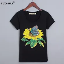 LUO SHA, летняя футболка, женская футболка, Хлопковые женские футболки, цветы, животные, вышивка бисером, xxxl, женская футболка, топ, Vestidos