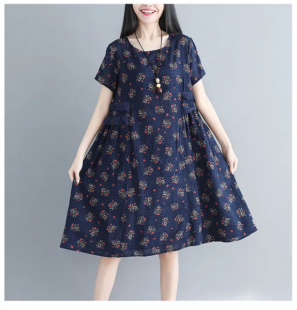 P Ammy 2019 summer cotton and linen large size retro Tunic dress women