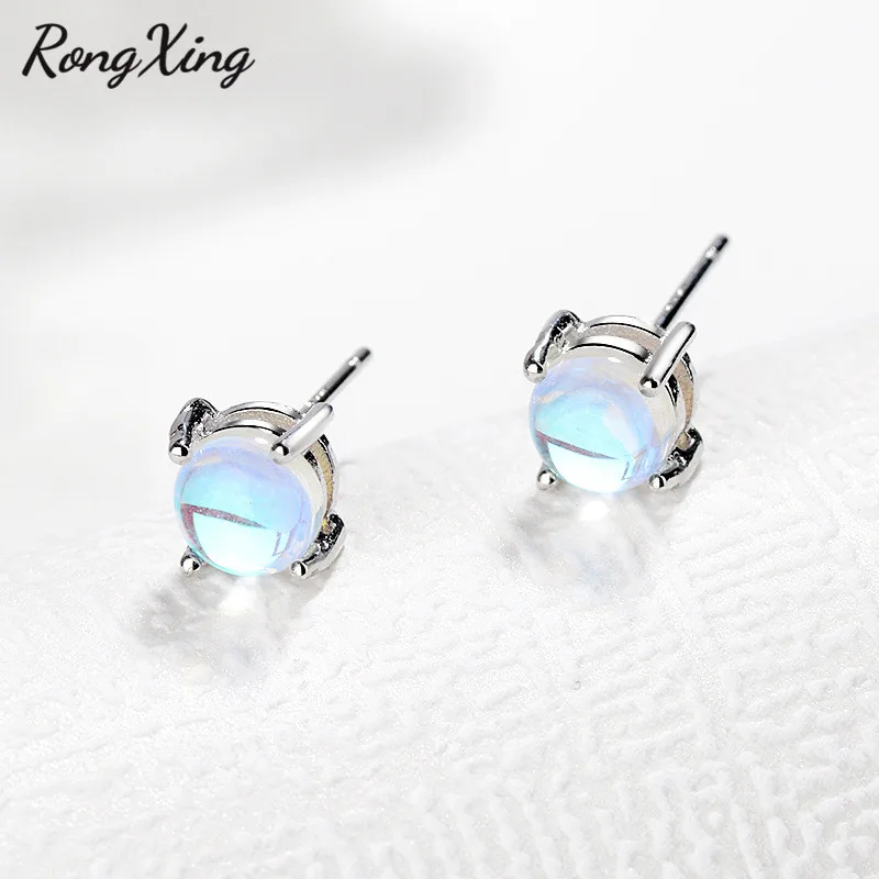 Круглые серьги гвоздики RongXing с лунным камнем 6/8/10 мм для женщин простые модные