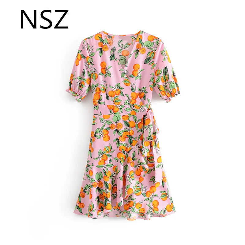 

NSZ Women Tangerine Print Wrap Dress Short Sleeve Cross V Neck Asymmetry Mini Summer Ruffles Short Dress with Belt Vestidos