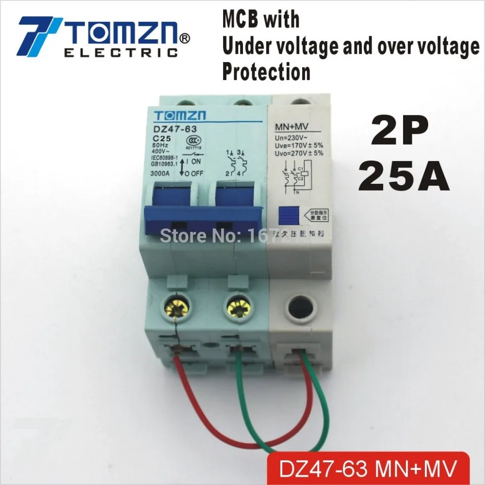 2P 25A 400V 50HZ/60HZ MCB with over voltage and under voltage