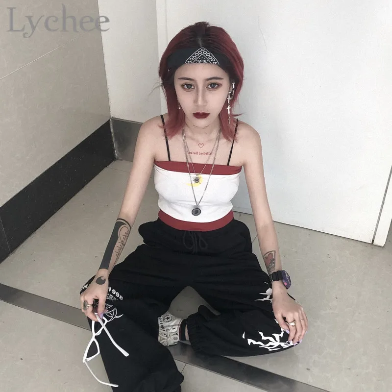Lychee Харадзюку Moon Print женские укороченные трубы с открытыми плечами без рукавов сексуальный обтягивающий летний цветной блок женский укороченный топ